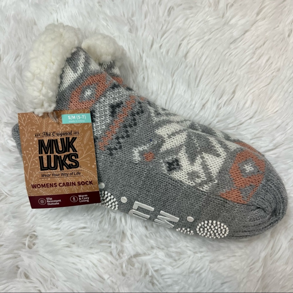 Cabin Sock Slipper Muk Luks womens grey multi pattern cozy comfy lounge S/M 5-7
